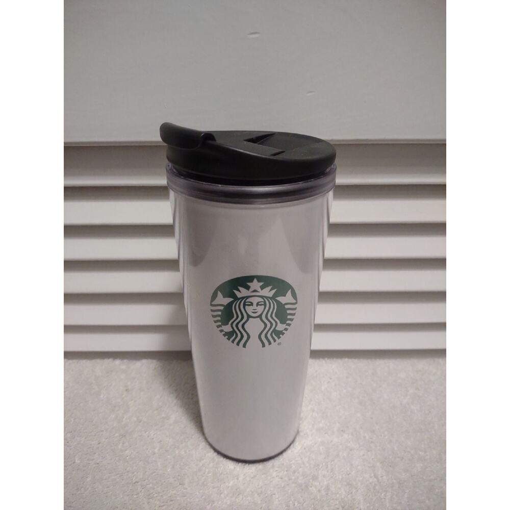 Starbucks classic siren logo white plastic 16 oz travel coffee tumbler cup